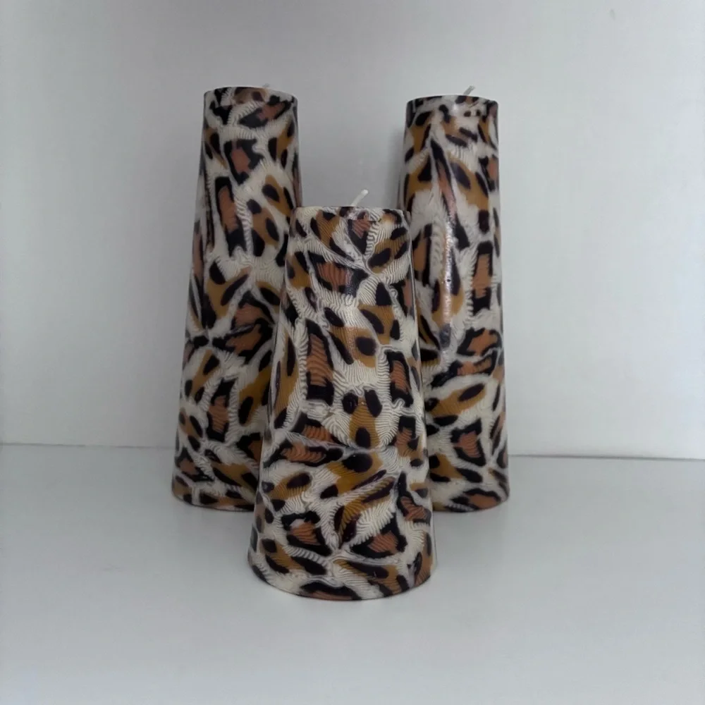 3 UNSCENTED Animal Print Candles Leopard Print: cone shape